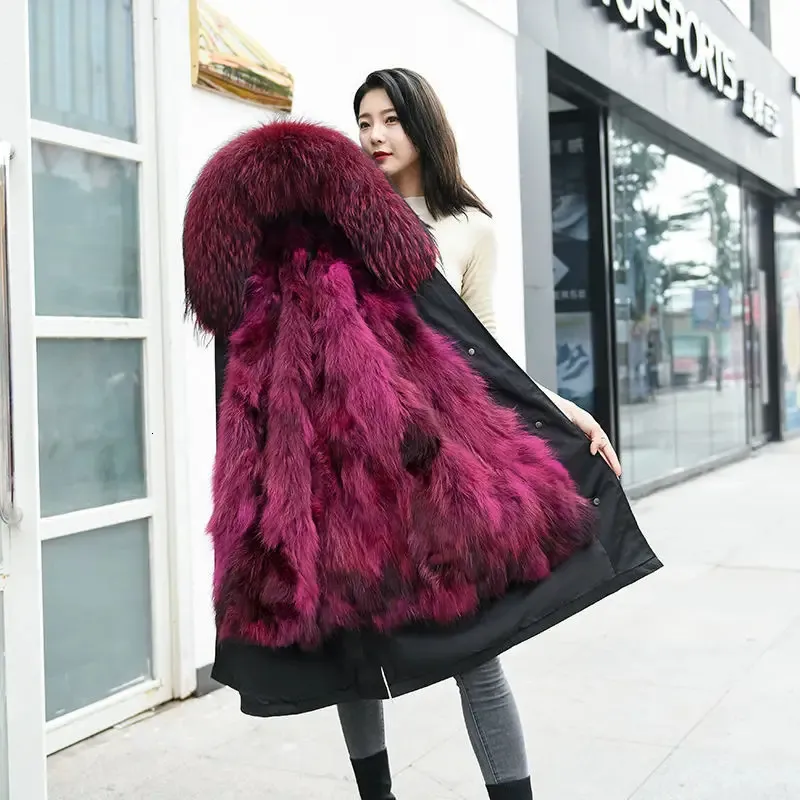 Women s Down Parkas HANZANGL Women Fur Coat Winter Real Raccoon Detachable Liner Long Clothing 12 Color S 4XL 231120