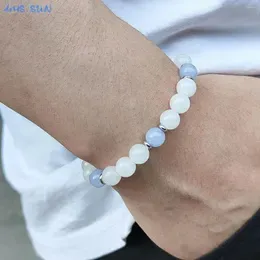 Strand MHS.SUN Charm White Natural Stone 8MM Beads Handmade Bracelet For Men Stainless Steel Healing Elastic Good Luck Women Jewelry