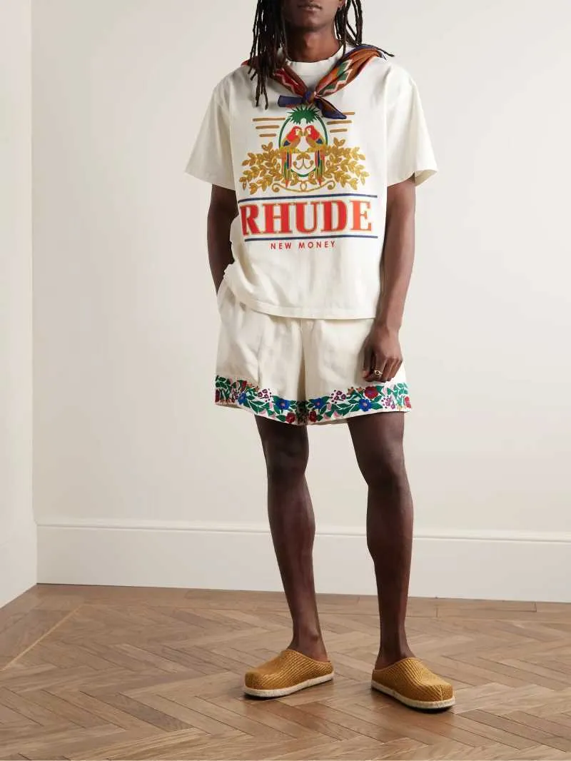 デザイナーファッション衣類 Tシャツヒップホップ Tシャツ Rhude ウォッシュベージュ古いプリントコットンルーズハイストリートラウンドネックカジュアル Tシャツ新しい男性ストリートトップススポーツウェア