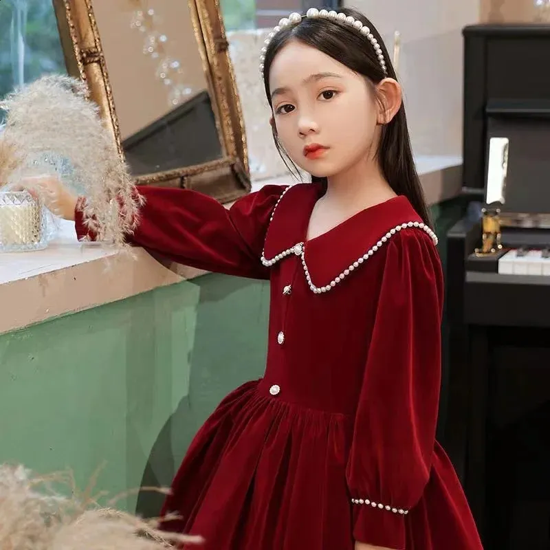 Girl's Dresses Girl Long Sleeve Kids Clothing Children's Party Princess Warm Winter Children Christmas Wine Red 4 14Y 231118