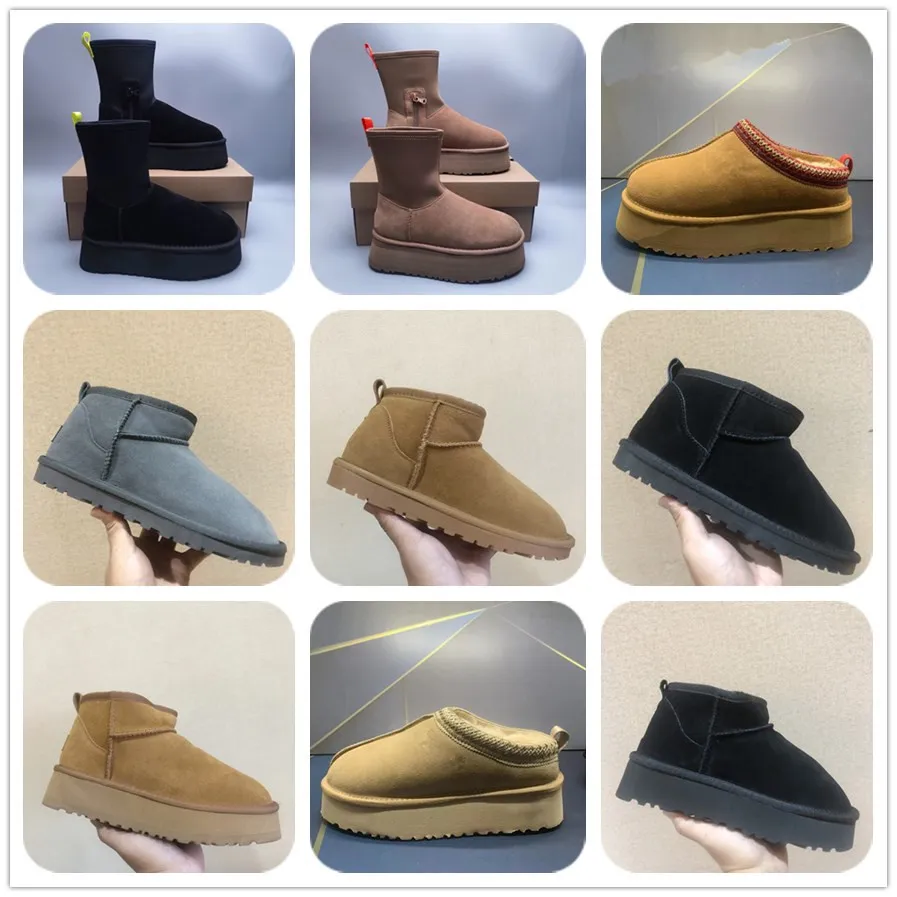 Winter Klassieke Ultra Enkellaarsjes Dames mini Snowboot Enkel Platform Kort Bont Schapenvacht Tasman Tazz Kastanje Zand Mosterdzaad Beige grijs groen pluche