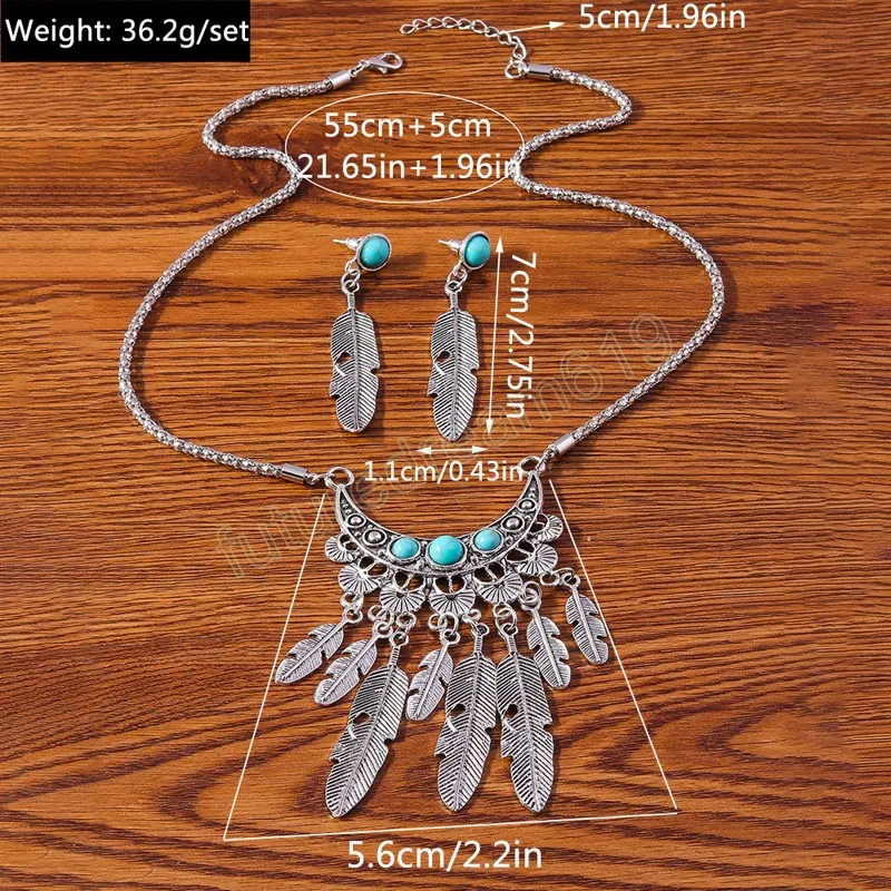 Ethnic Vintage Feather Pendant Necklaces Earrings Jewelry Sets for Women Bohemian Turquoises Blue Stone Necklace Sets