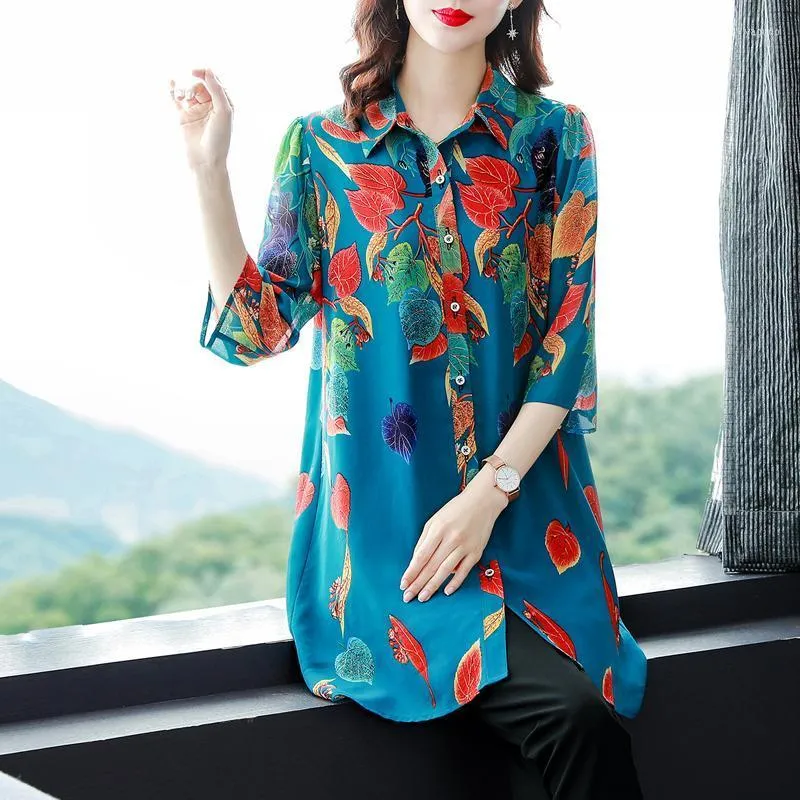 Women's Blouses Chiffon Loose Women Leisure Shirts Lady Fashion Casual Summer Half Sleeve Turn Down Collar Printing Blue Tops Kleding A104