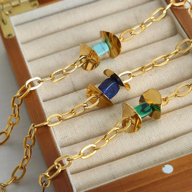 Collane con ciondolo Minar Vintage 18K Oro Placcato PVD Acciaio al titanio Blu Verde Pietra naturale Agata Cubi Rammel Girocollo per le donne