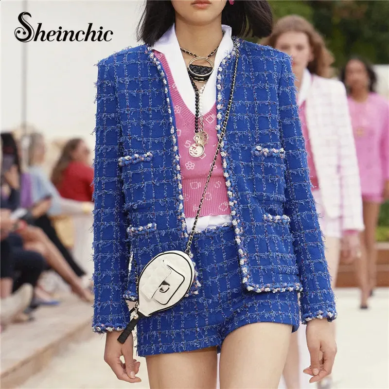 Damen Jacken Herbst und Winter Luxus Retro Blau Tweed Jacke Marke Designer Wollmantel Koreanische Mode Street Kleidung 231118