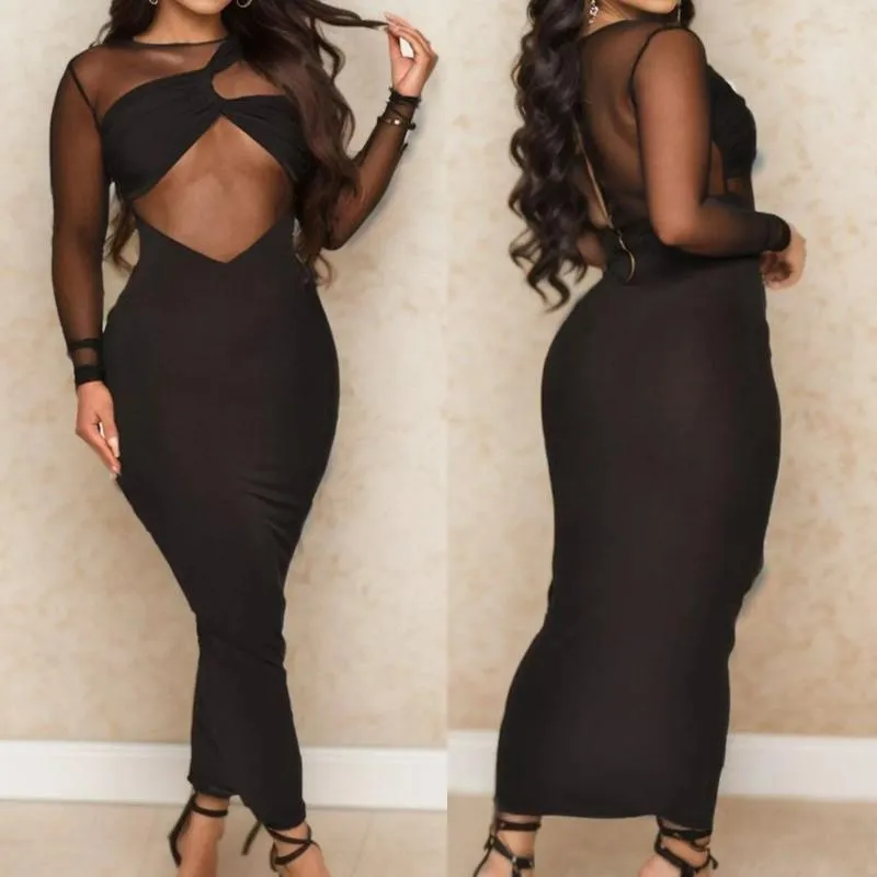 Casual Dresses Sexy Mesh Sheer Maxi For Women 2023 Long Sleeve See-Through Bodycon Dress Nightclub Slim Fit Vestidos Robe Femmes