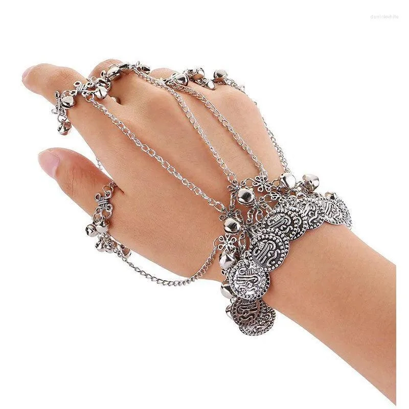 Link pulseiras moda moeda pulseira escravo borla multicamadas pulseira feminino arnês presente corrente de mão com anel de dedo