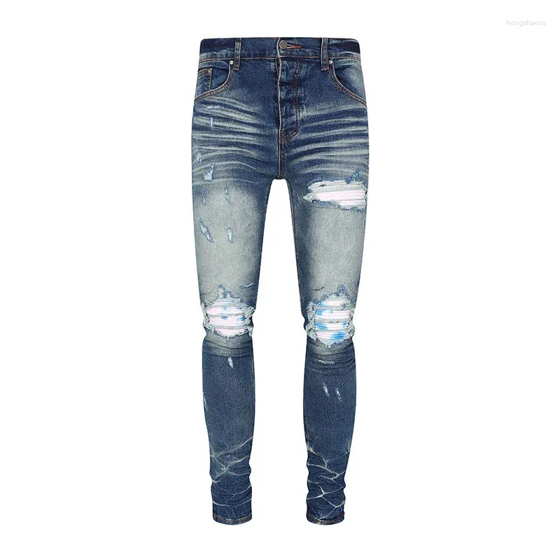 Men's Jeans Street Fashion Designer Men Dark Blue Stretch Buttons Trousers Patched Skinny Ripped Hip Hop Brand Pants Hombre