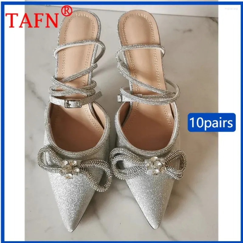 Sandales d'été à talons pour femmes, 10 paires, chaussures à bout pointu avec nœud scintillant, Bandage croisé, Stiletto, Sexy, diamants Y2k, vente en gros, T062