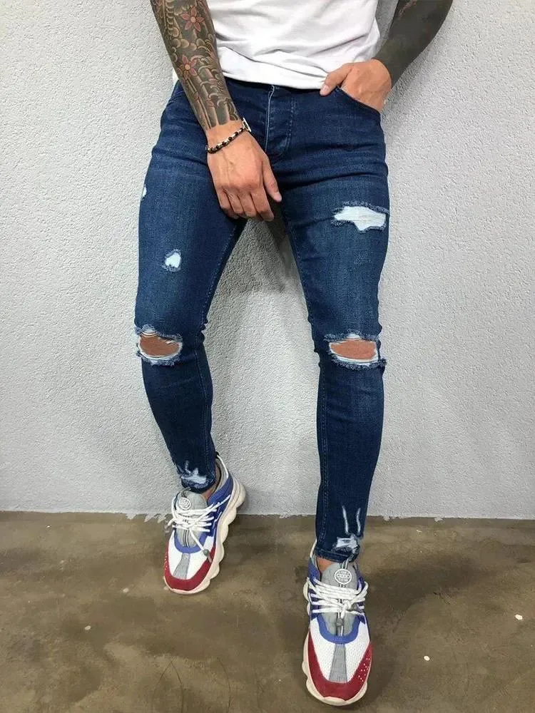 Jeans pour hommes Mode Street Style Genou Ripped Skinny Hommes Vintage Wash Solid Denim Pantalon Mens Casual Slim Pantalon de jogging Vêtements