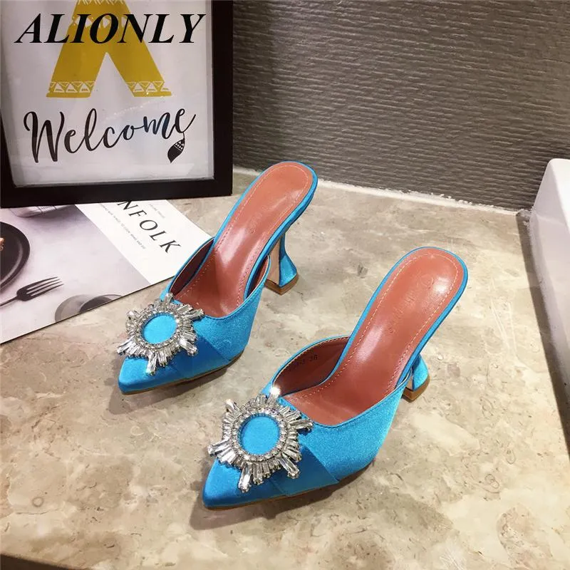 Chaussures habillées ALIONLY pompes soie Satin bout pointu strass cristal talons hauts pour femmes 2023 été mariage sans lacet coupe Mules à talons