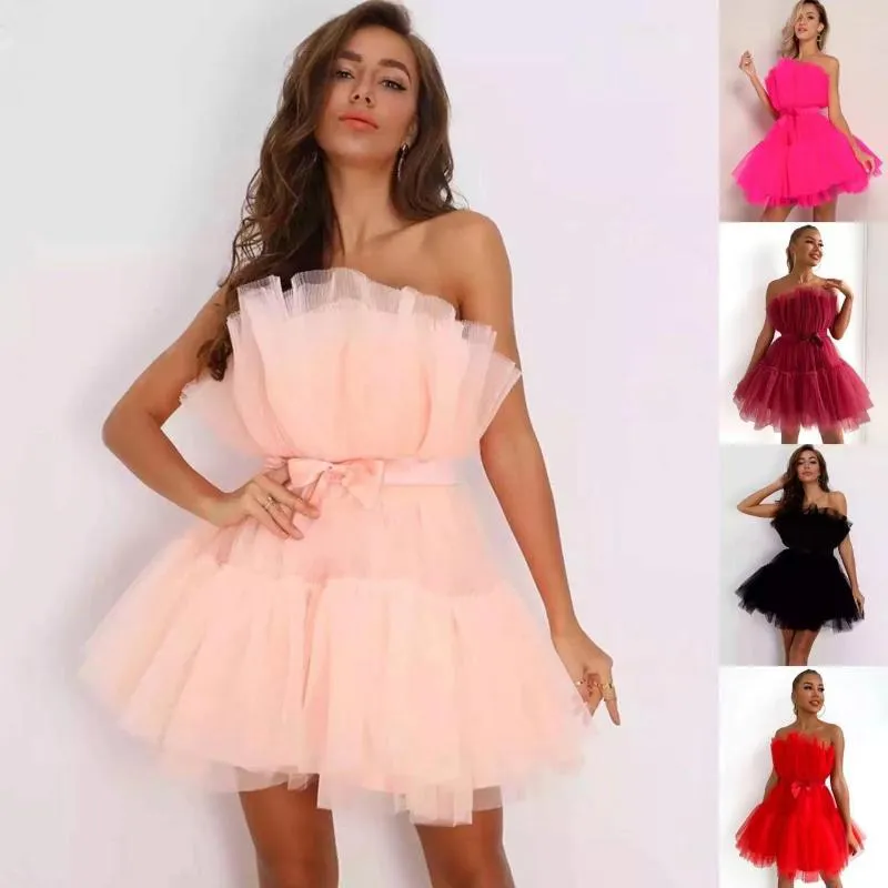 New Casual Dresses Mesh Solid Pink Ruched Halloween Dress Women Sashes Strapless Club Loose Backless High Waist Sexy Party Vestido