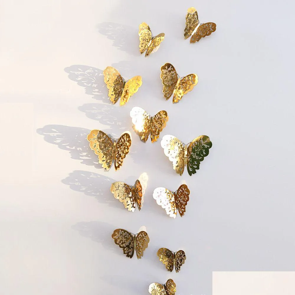 Wandaufkleber Hohl 3D Schmetterling Wandaufkleber Für Hochzeitsdekoration Wohnzimmer Fenster Wohnkultur Gold Silber Schmetterlinge Aufkleber Dro Dhuz3