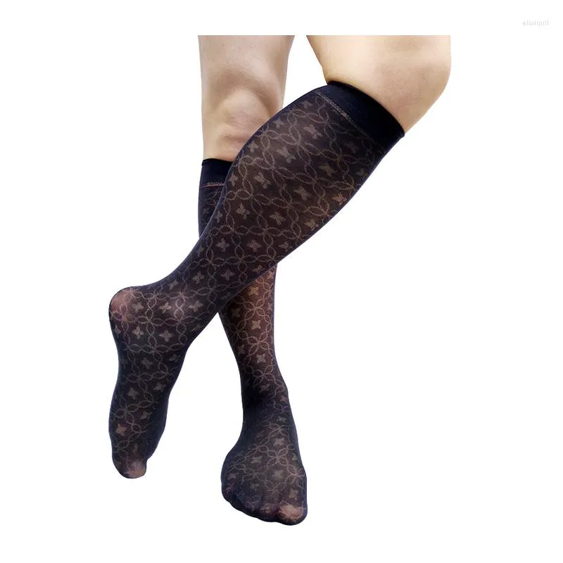 Chaussettes pour hommes voir à travers les hommes noir Floral genou haut Softy drôle robe costume formel Sexy Lingerie bas Long Tube affaires tuyau