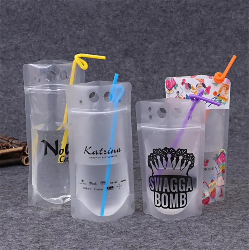 500ml Drink Pouches Bags Transparent Zipper Stand-up Plastic Drinking Bag with straw with holder Reclosable Heat-Proof Quickily Delivery