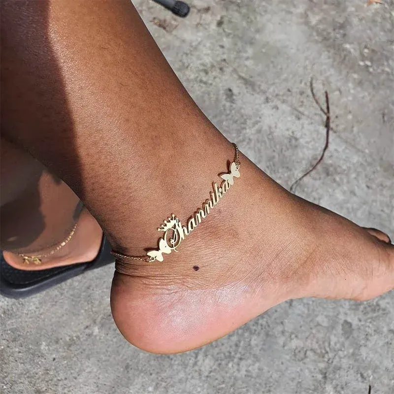 Cavigliere personalizzate croona di farfalla nome caviglia in acciaio inossidabile da donna inossidabile inossidabile chiacchiere alla caviglia gioielli regalo di compleanno 231120 231120