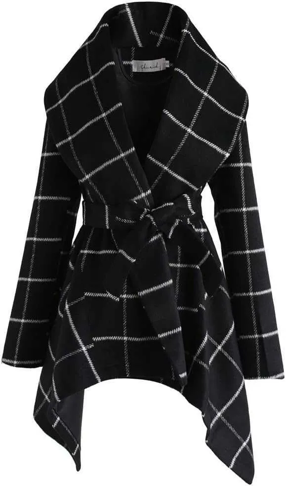 冬のジャケットの女性ラペルショールアースカラーウォームファッションふわふわウールブレンド格子縞のコート80x6p