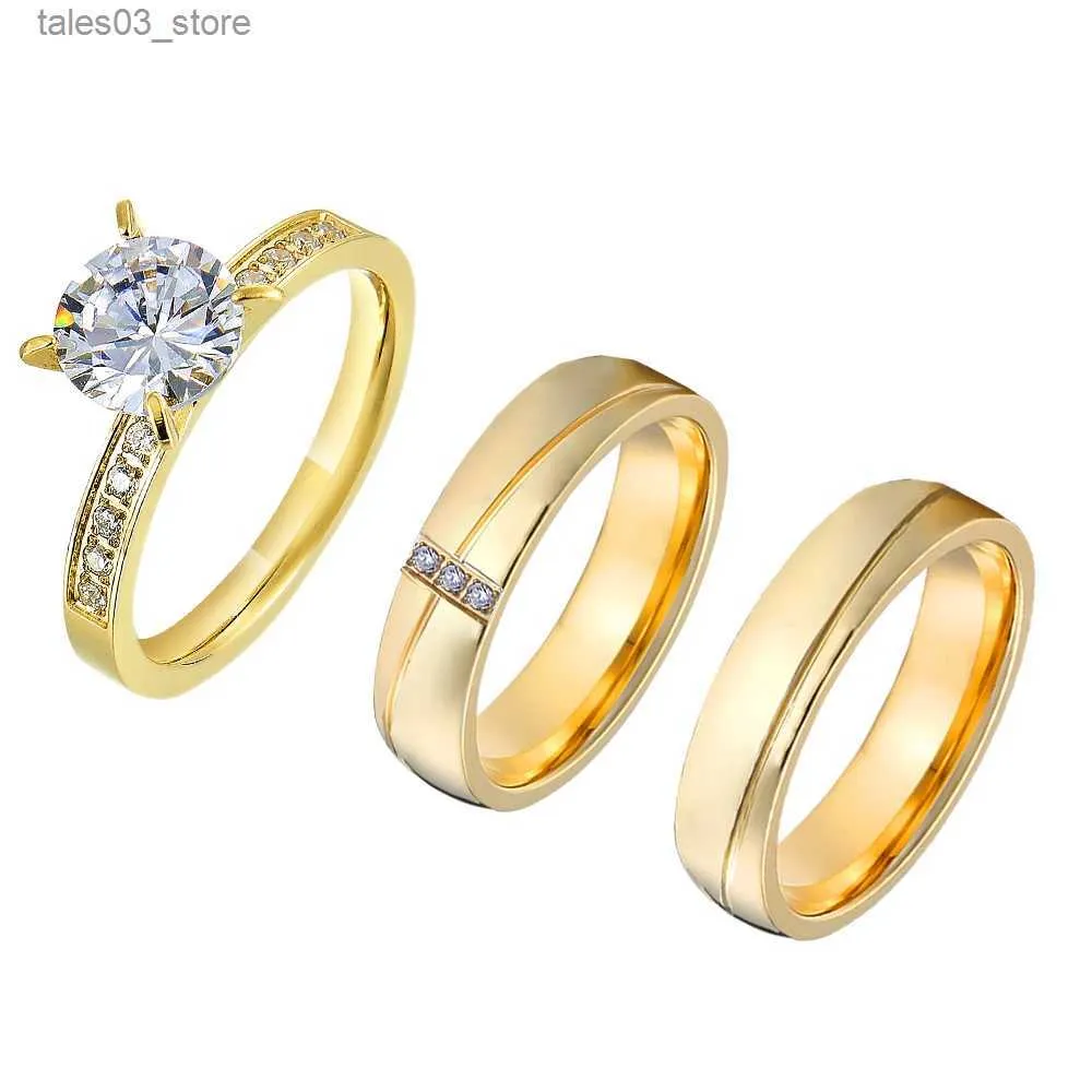 Wedding Rings 3pcs Wedding Engagement Rings Sets Handmade 24k Gold Plated Jewery cz Diamond Statement Marriage Couples Ring Q231120