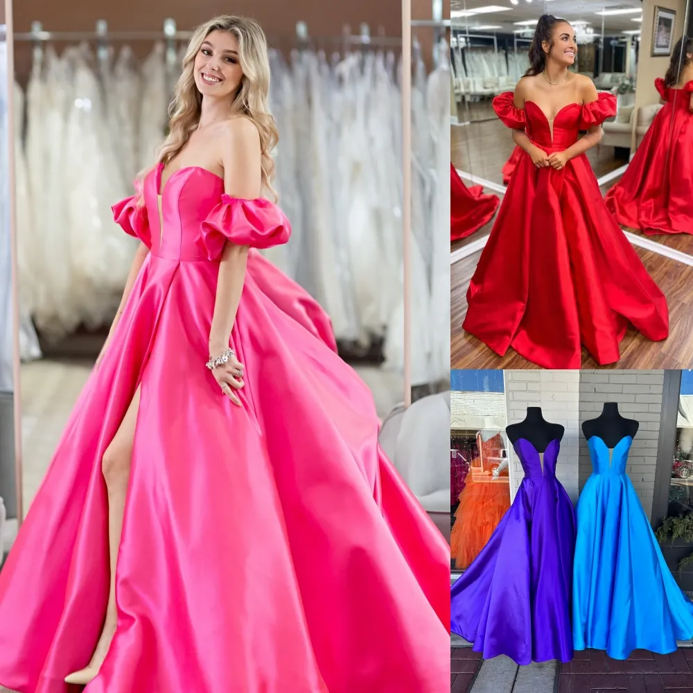 Sweetheart A-line Prom Dress 2k23 V-Neckline High Slit Puffy Attachable Sleeves Pageant Formal Evening Event Party Runway Black-Tie Gala Wedding Guest Gown Red Carpet