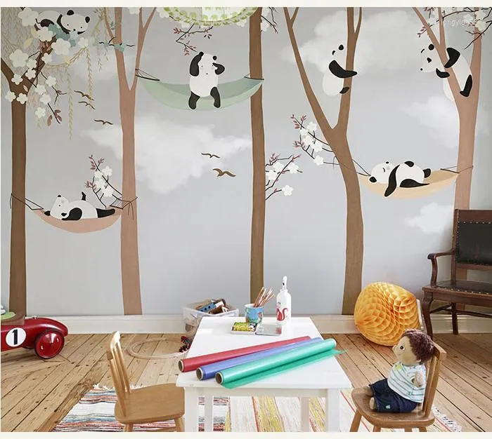 Papéis de parede bacal grandes árvores de panda fofas 3D Murais de papel de parede para desenho animado para bebês quarto de parede de parede de papel mural 8d adesivos