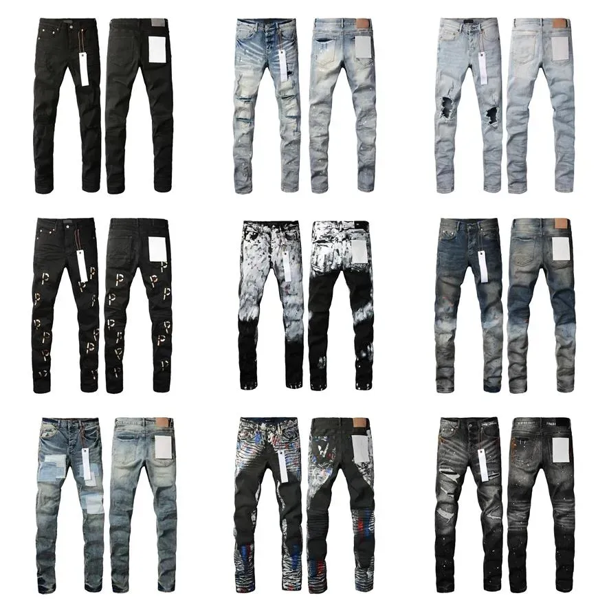 Mens Purple Jeans Designer Jeans rippade raka vanliga jeans denim tårar tvättade gamla långa svarta jeans staplade jeansbyxor för män svarta jeans storlek 29-40 byxor