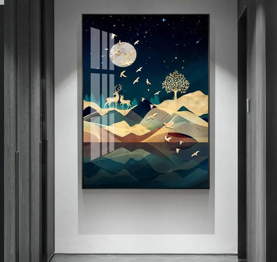 モダンな抽象芸術の夜の風景のエルクと鳥のキャンバス絵画壁アート写真リビングルームの家の装飾なしFrame2477669