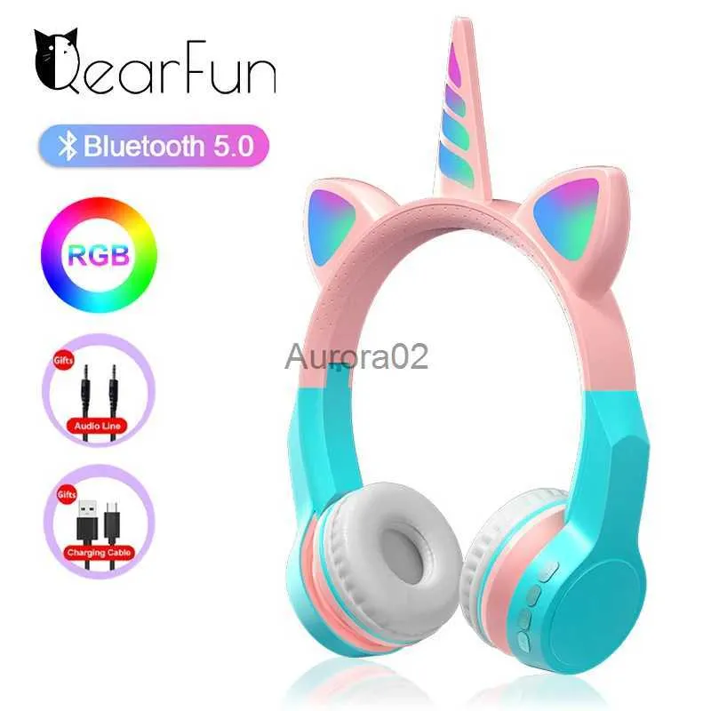 Auricolari per cellulare QearFun Unicorn Cat Ear Cuffie Cuffie da gioco con microfono Cuffie wireless Gamer per bambini per telefono PC Gaming YQ231120