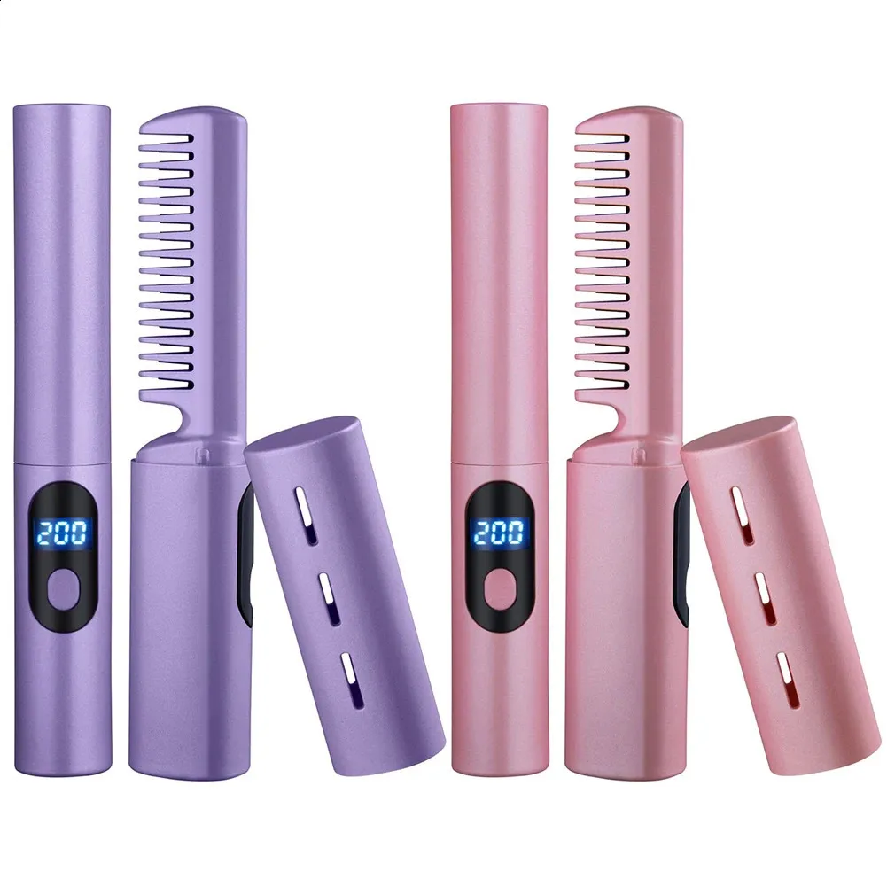 Alisadores de cabelo Curler Comb USB recarregável alisamento curling escova de aquecimento rápido sem fio para viagens em casa 231118