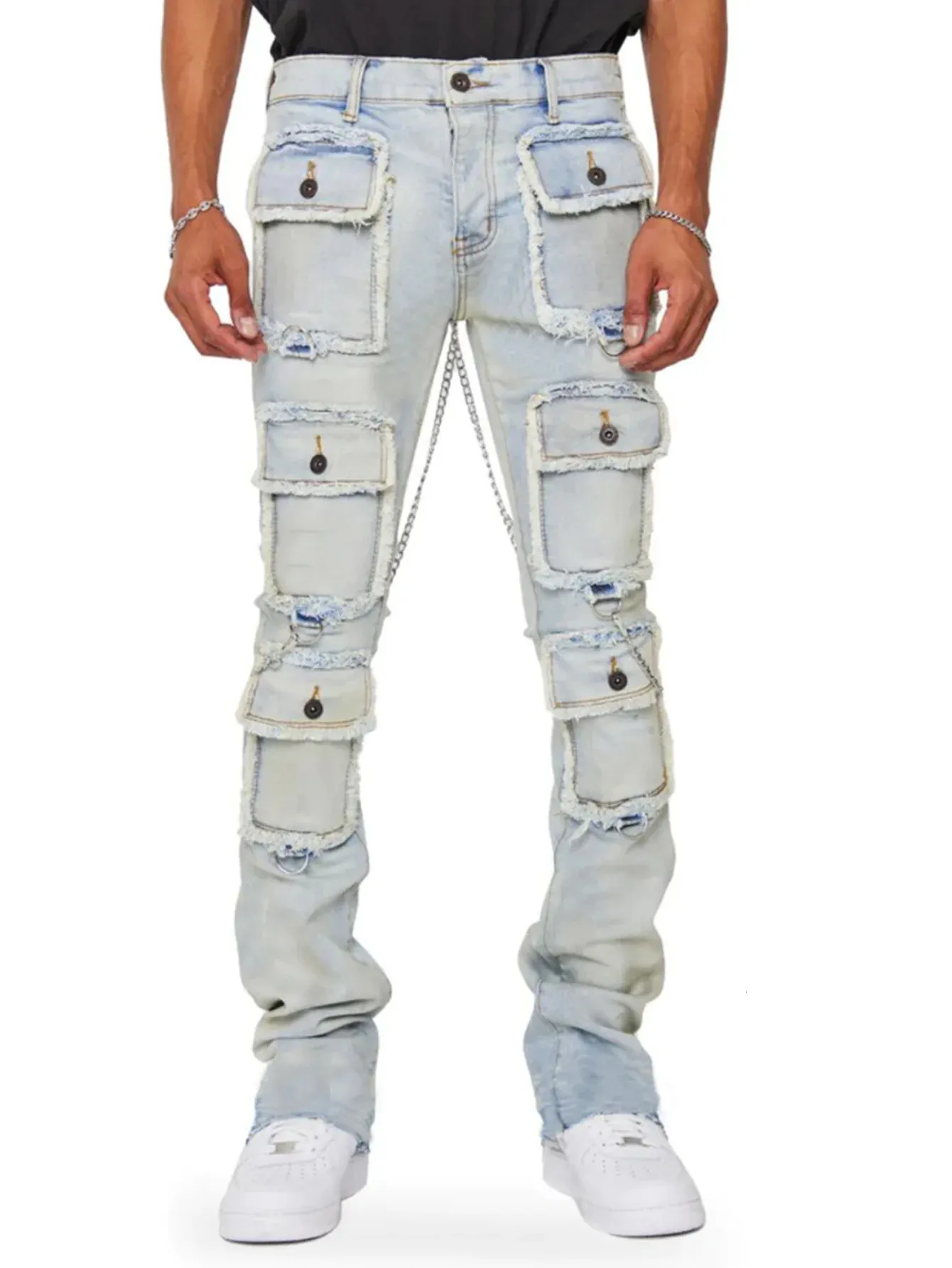 Jeans pour hommes industrie lourde Muti poches Baggy hommes coupe ajustée extensible Y2k Cargo pantalon mâle s haute rue Denim vêtements 231120