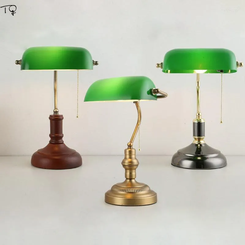 Tischlampen Chinesische klassische Retro-Bank mit Zugschalter grünes Glas Schreibtischlampen Wohnkultur Schlafzimmer Nachttisch Studie Lesecafé