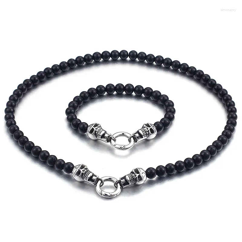 Necklace Earrings Set Style Jewelry Round Beads Black Stone & Bracelet Stainless Steel Skull Skeleton Clasp For Mens XMAS Gifts