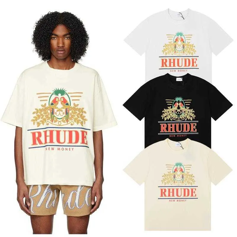 Herr T-shirts Designer Mode Kläder T-shirts Hip Hop Tshirts 23ss Rhude Parakeet Long Tailed Papegoja Print High Street Casual Mångsidig Kortärmad Tshirt Herr Kvinnor S