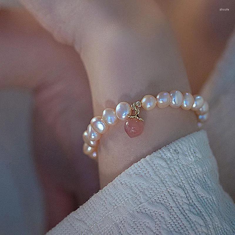 Bracelets de charme minar 2023 Moda rosa cor roxa de água doce pulseira de miçangas para mulheres joias de pêssego de pedra natural