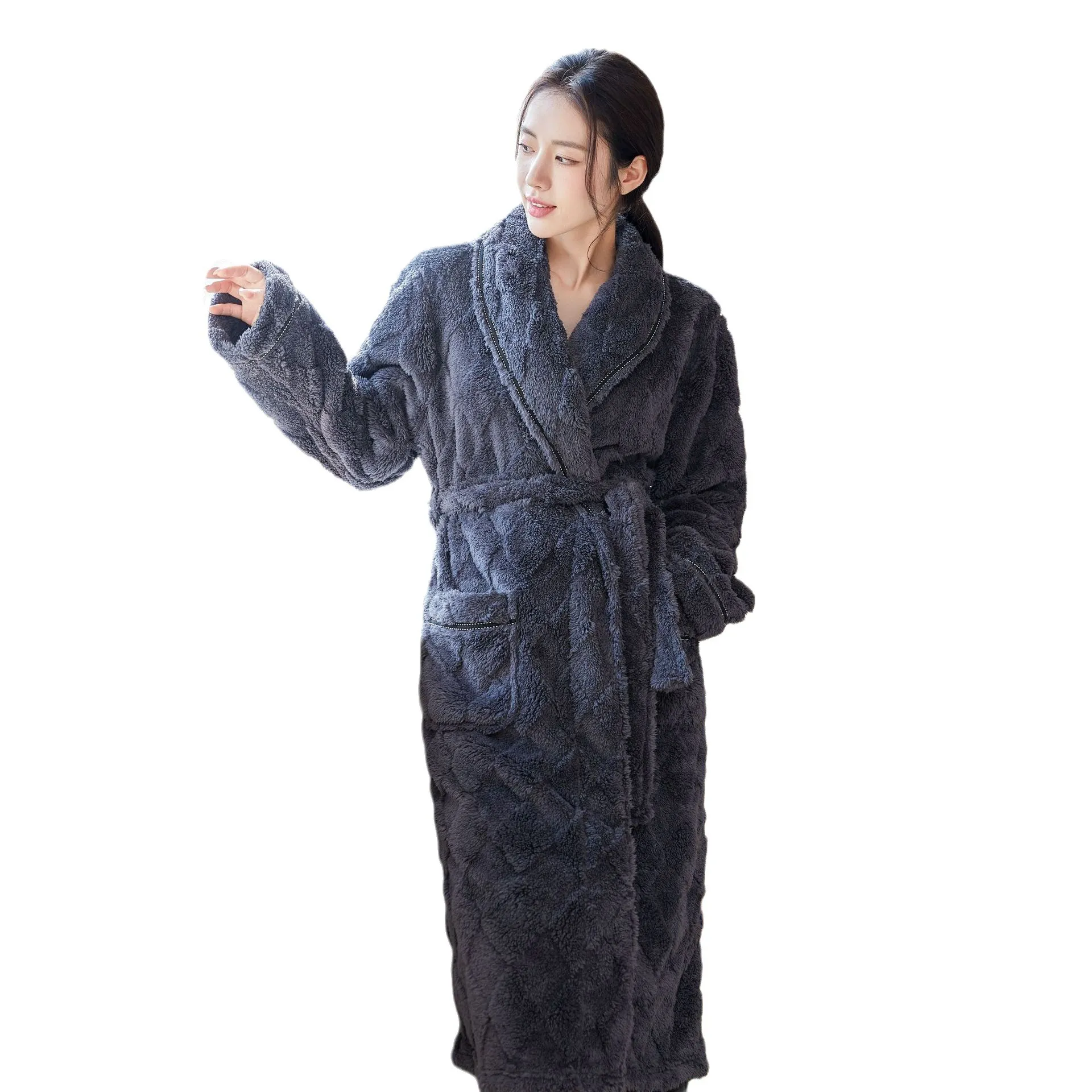 Autumn and winter new long sleeve robe lady diamond check jacquard cotton velvet warm bathrobe home suit