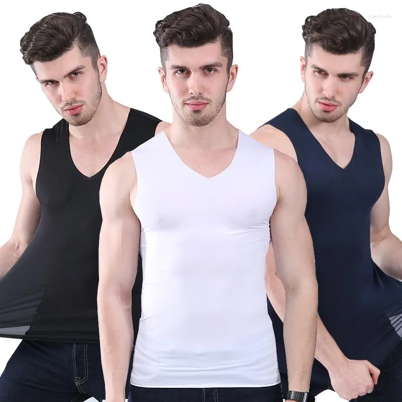 Camisetas sin mangas para hombre, chaleco de verano para hombre, sin rastro de seda helada, camiseta interior sin mangas con cuello en V y hombros anchos ajustados para hombre, camisetas sin mangas transpirables geniales