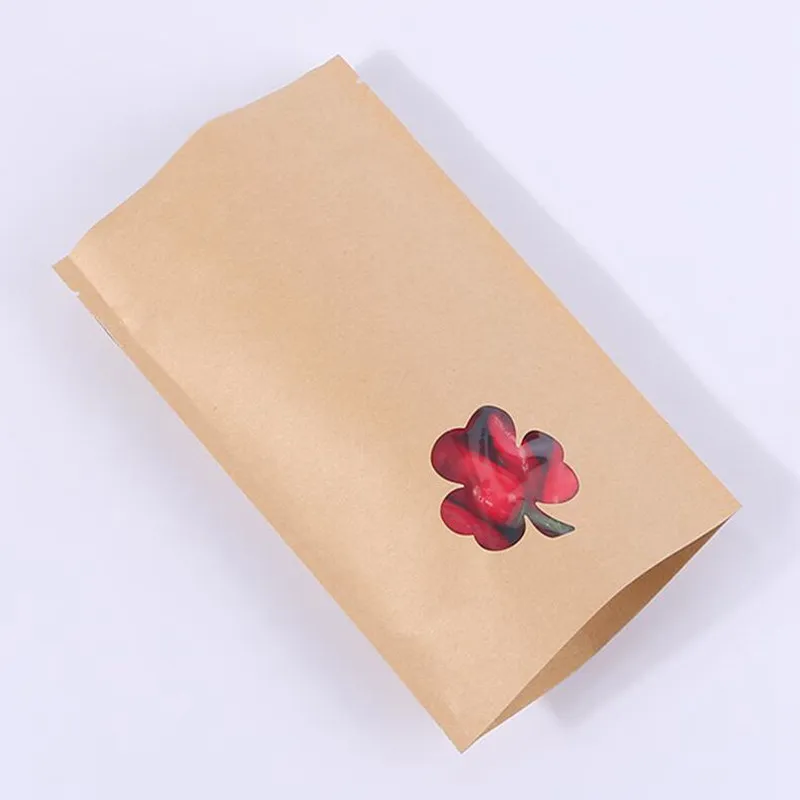 500Pcs/Lot Aluminum Foil Kraft Paper Bags With Window Snack Food Sealed Bag Dried Tea Grain Candy Zip Lock Stand Up Wholesale