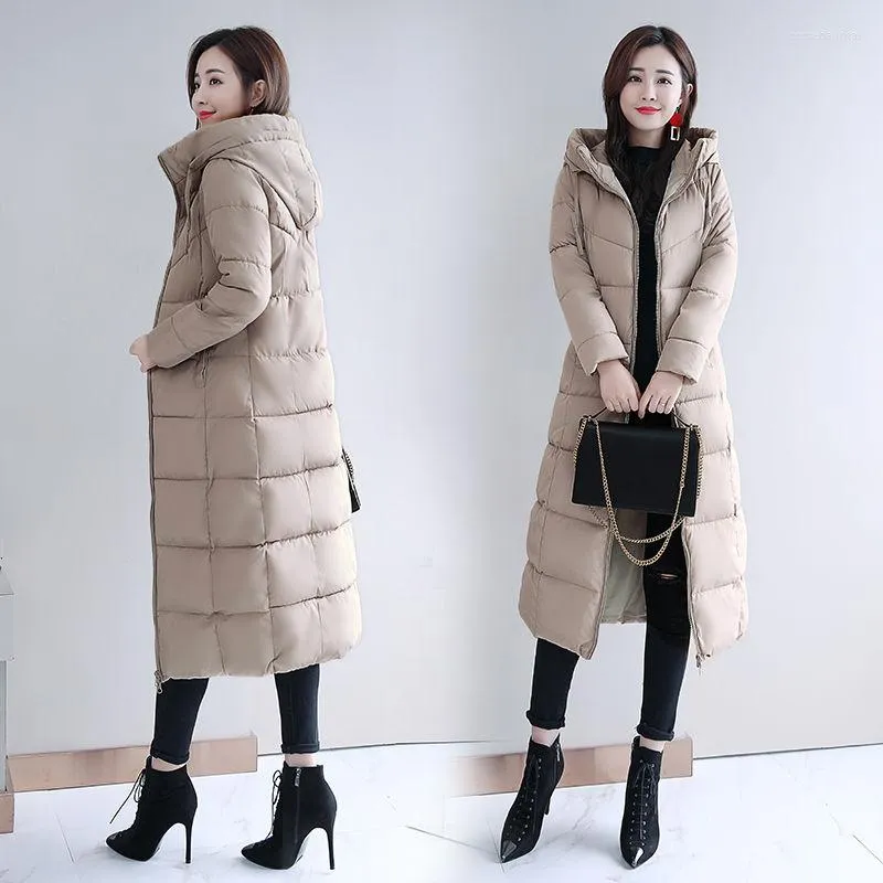 Trench da donna Giacca imbottita in cotone da donna 2023 Piumino Parka femminile Capispalla invernale Cappotto lungo con cappuccio sopra il ginocchio da donna