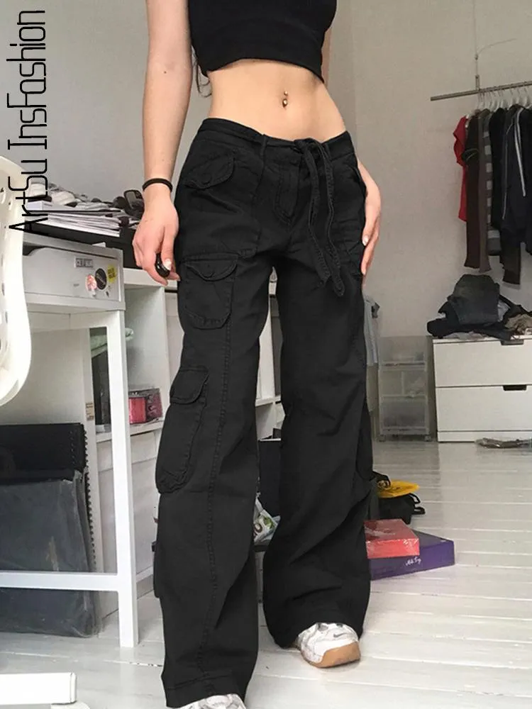 Jeans femme jambe droite femme taille haute Baggy Y2K vêtements Streetwear bas Cargo marron noir pantalon large pantalon de survêtement 230420