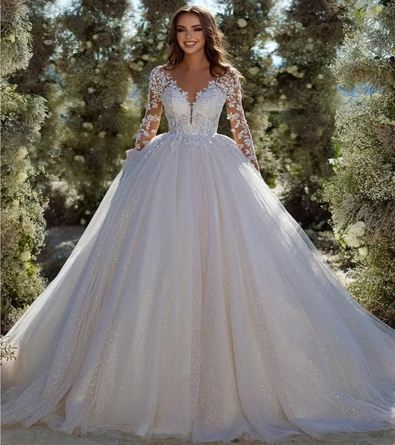 Long Sleeve V Neck Wedding Dresses: Glitter A Line Tulle Gown With ...