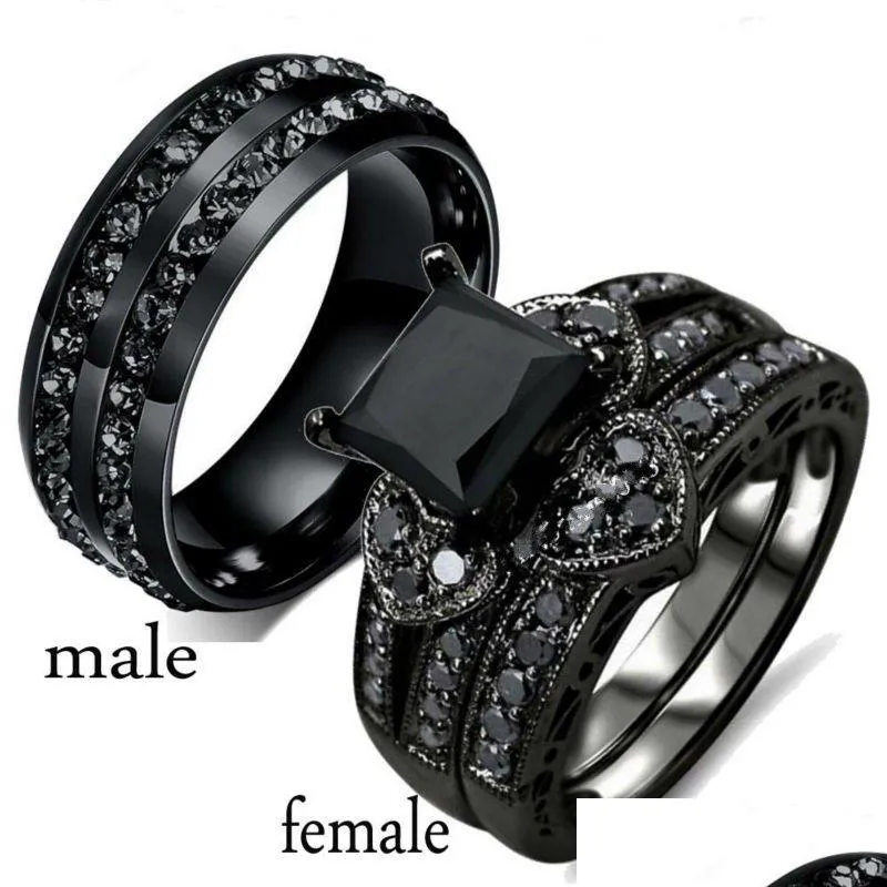 Anneaux de bande Mode Couple Anneaux Femmes Noir Coeur Cristal Cz Ensemble Hommes Deux Rangées Pierre En Acier Inoxydable Bague De Mariage Bijoux Dr Dhgarden Ot6We