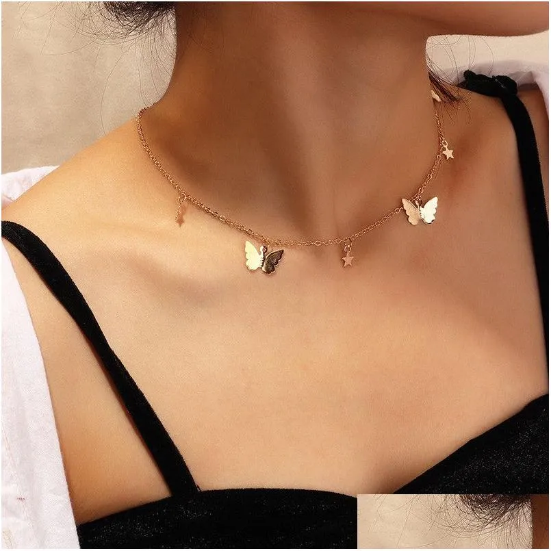 Pendant Necklaces Fashion Necklace Lovely Golden Sier Plated Butterfly Necklaces Short Women Summer Holiday Romantic Gift Je Dhgarden Otewg