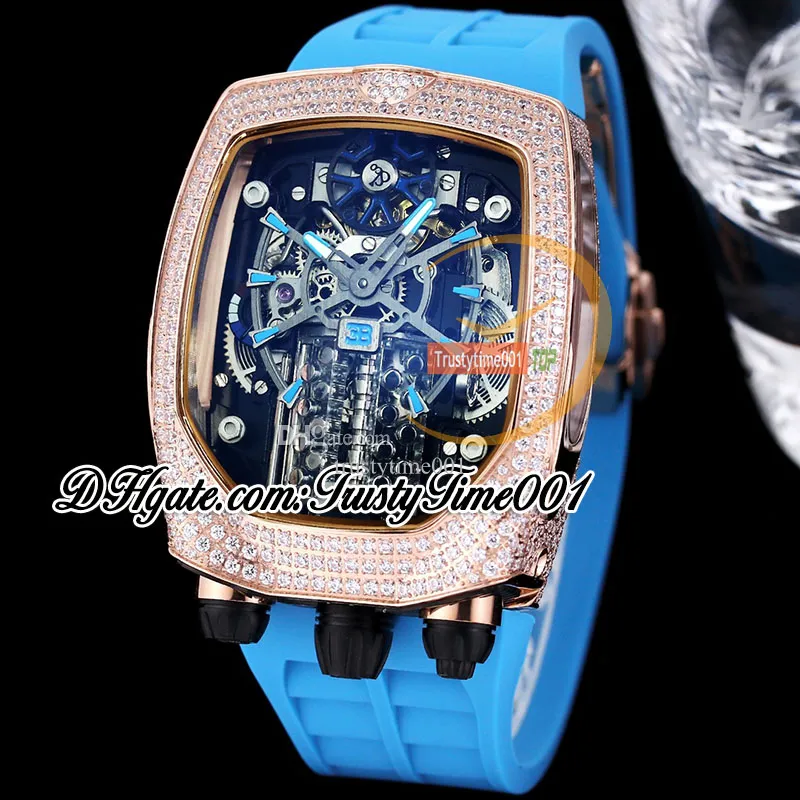 Bugatti Chiron Tourbillon Autoamtyczny Zegarek męski 16 -cylindrowy szkielet szkieletowy Rose Gold Diamonds Inkruste Blue Guma Pasek Trustime001Watches Bu200.40