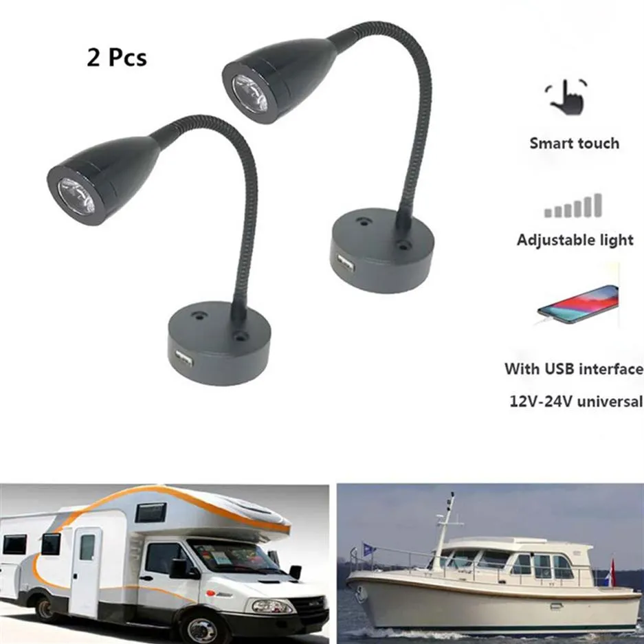 2sts LED -läsning Ljus 12V 24V smart touch dimbar flexibel svenhalsväggslampa för husbilsjacka med USB -laddare port243n