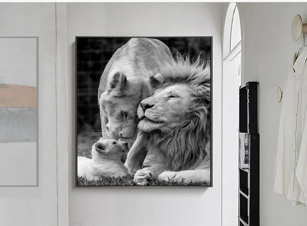 African Lions Family Black and White Canvas Art Animals Canvas målningar Väggkonst för vardagsrum Heminredning No Frame7714623