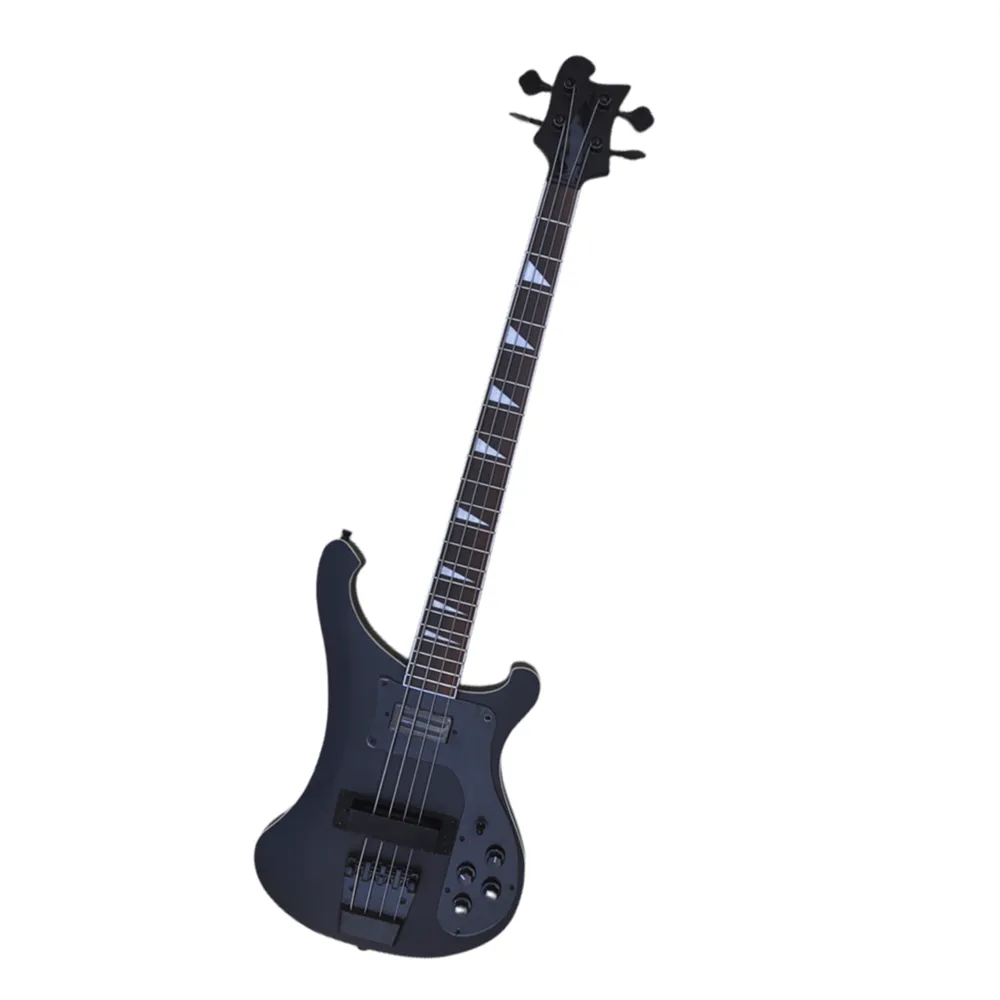 4-saitige, mattschwarze E-Bassgitarre mit weißen Perleneinlagen. Angebot Logo/Farbe anpassen