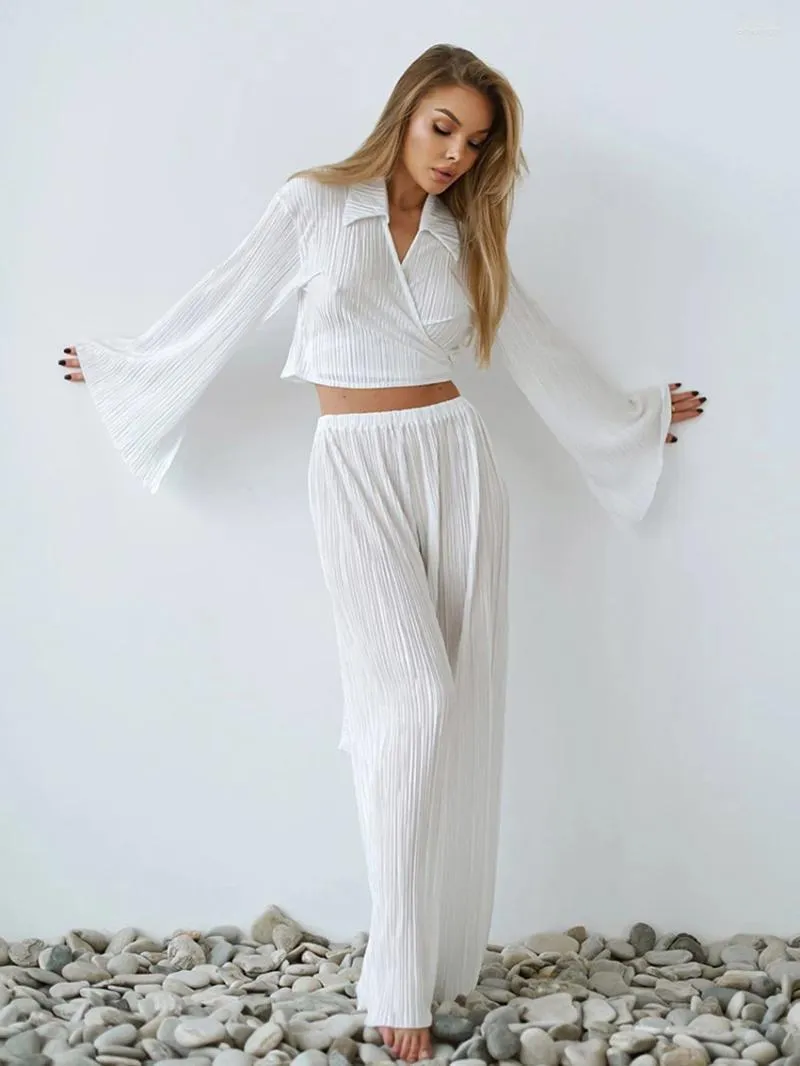 Women's Sleepwear Marthaqiqi White Ladies Nightwear 2 Piece Suit Long Sleeve Turn-Down Collar Pajama Lace Up Nightie Pants Nightgown Set