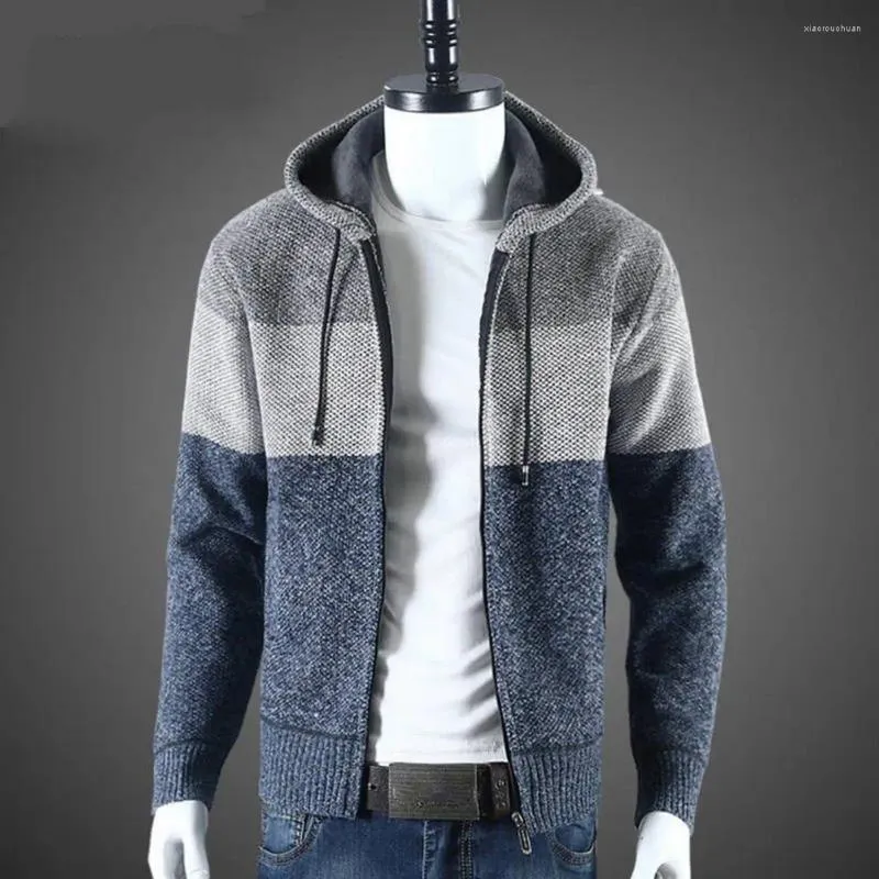 Мужские свитера, мужская куртка, вязаный свитер с капюшоном с цветными блоками, теплый стильный уютный кардиган средней длины, пальто на зиму и осень