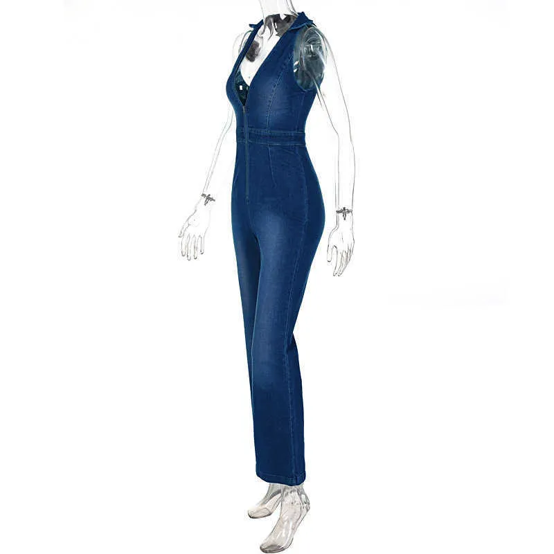 TARUXY Y2K Womens V Neck Bodycon Denim Flare Jumpsuit Sleeveless 