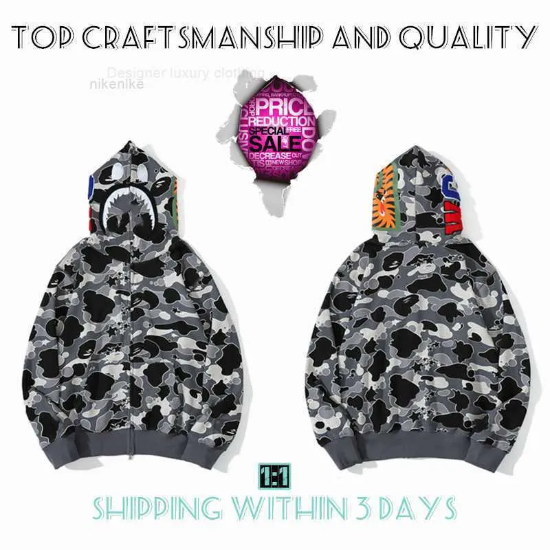 Artesanía superior Sudaderas con capucha para hombre Apes Sudadera con capucha Chaqueta de diseñador Tiburón Pulóver Tigre Cremallera completa Color Harajuku Sudadera Moda Cobranding Camuflaje Hoodyskx1w7 6N7