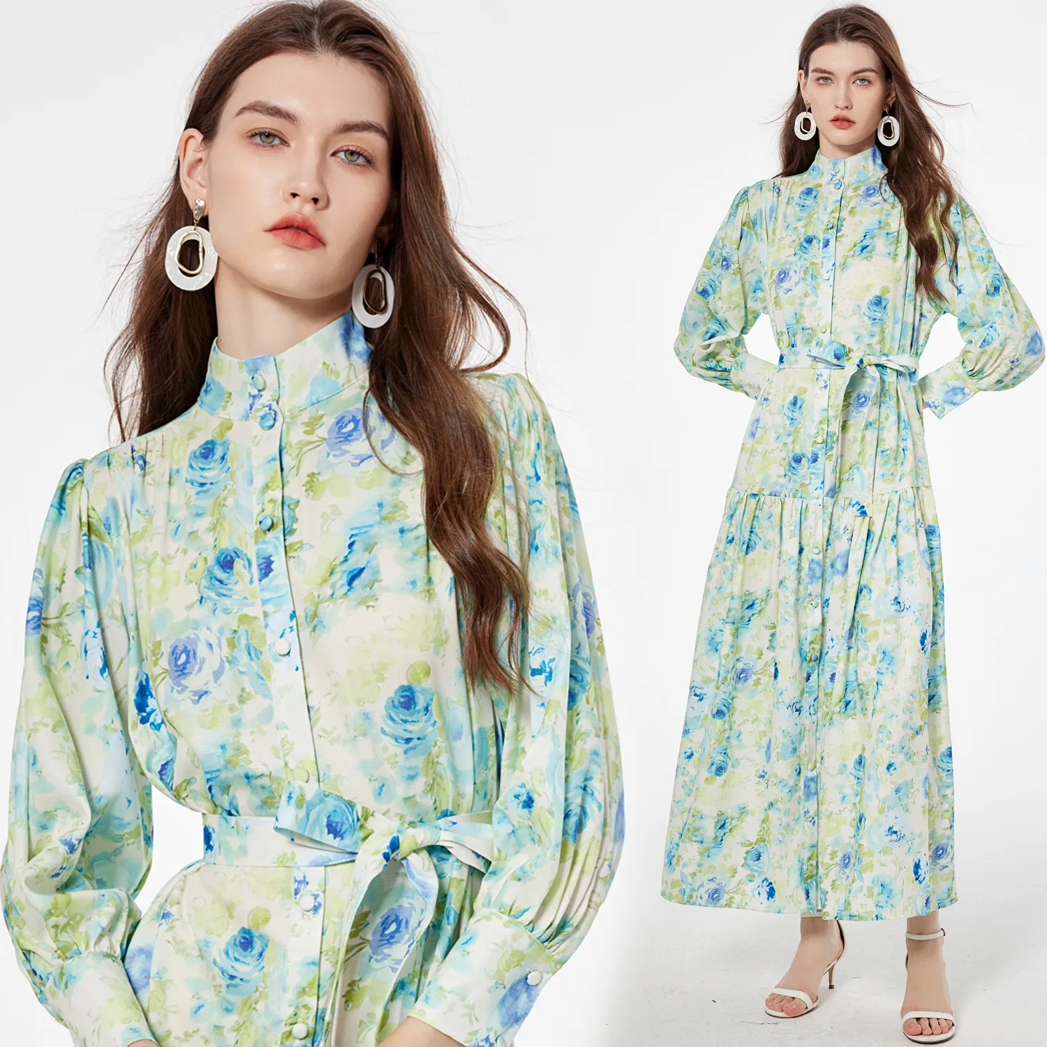 Bloemen Boho Maxi-jurk Feestgewaden Lange mouwen Dames Designer Opstaande Kraag Slank Vakantie Kanten Strikjurken 2023 Herfst Winter Runway Ruches Elegant Casual Jurken